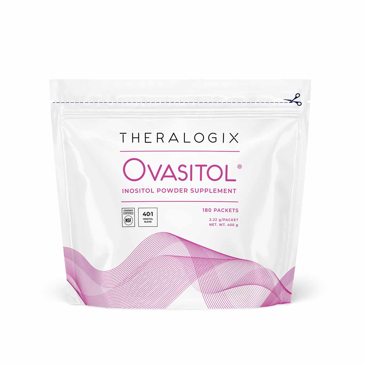 White pouch of Theralogix Ovasitol inositol powder supplement containing 180 packets with pink wave design and certification 