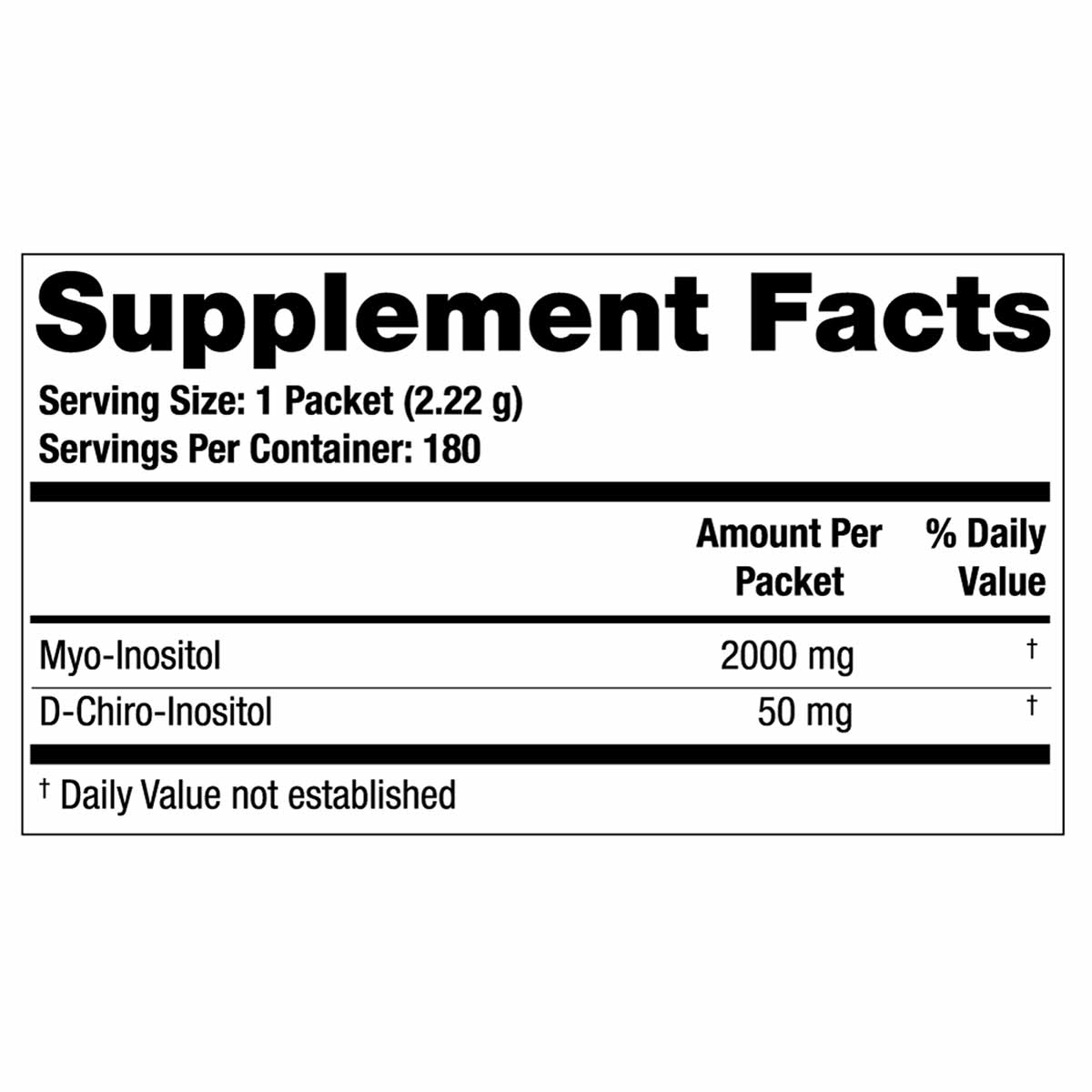 Supplement Facts label showing serving size of 1 packet containing myo-inositol and D-chiro-inositol with 180 servings per co