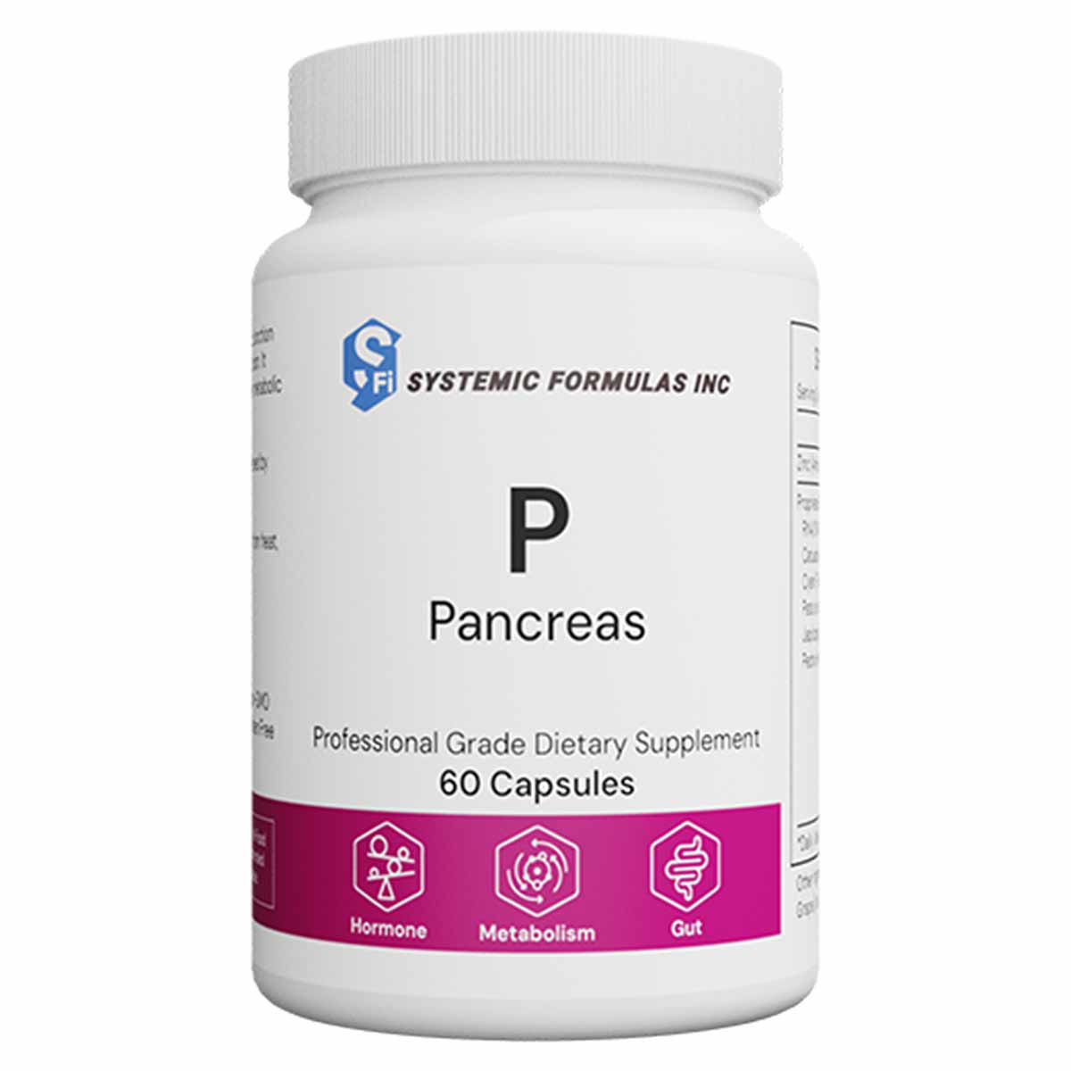 White supplement bottle labeled "P Pancreas" by Systemic Formulas containing 60 capsules with purple band showing hormone, me