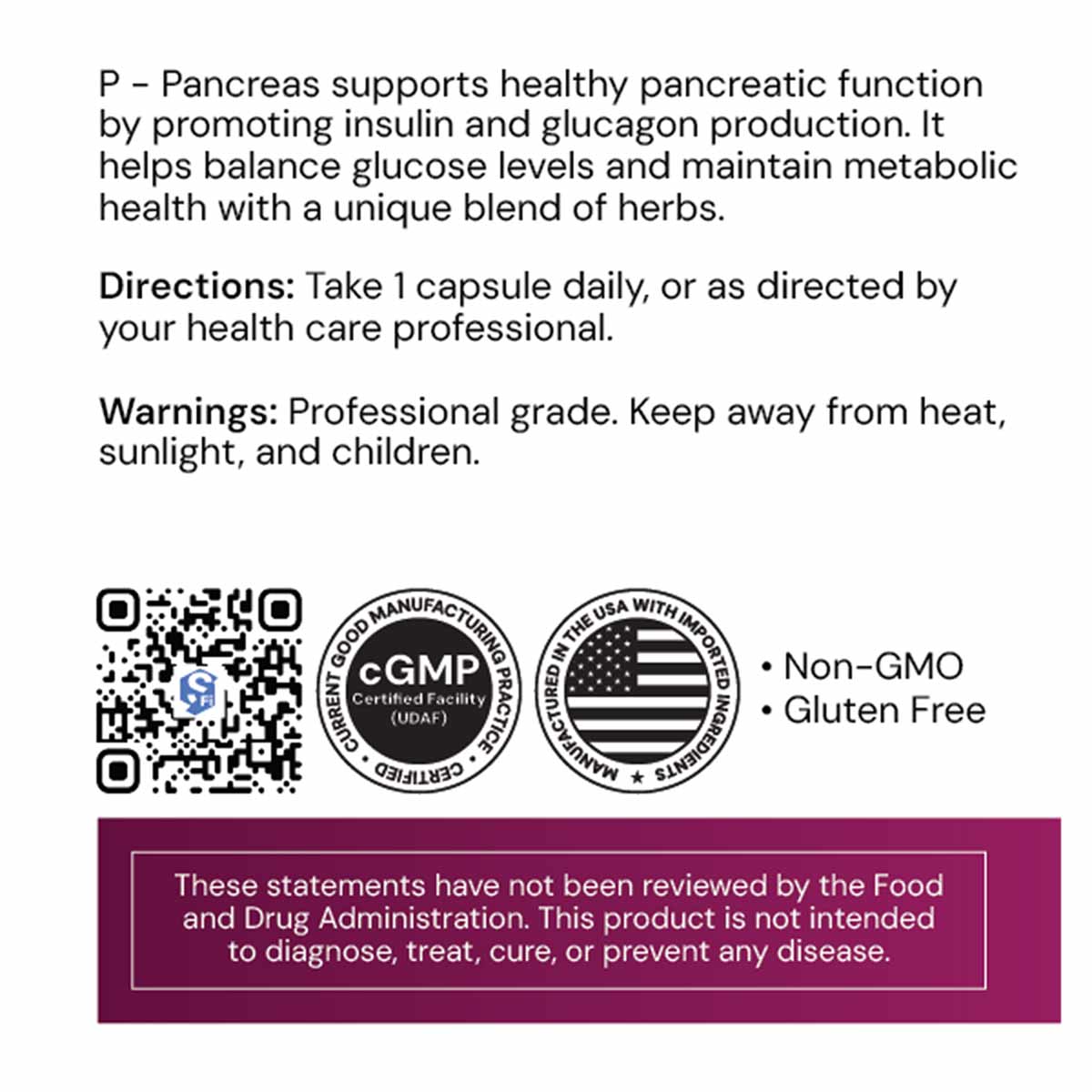 Bottle label for P Pancreas 60 capsules by Systemic Formulas with product information, QR code, and certification badges.