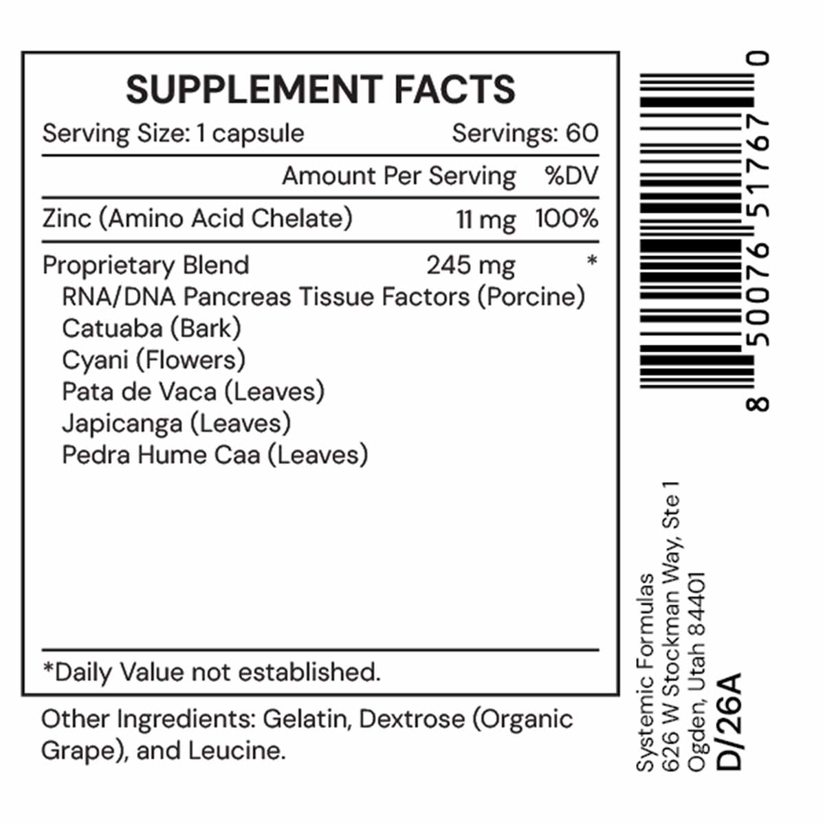 Supplement Facts label showing 60 capsules with zinc and proprietary blend of pancreas tissue factors and botanical ingredien