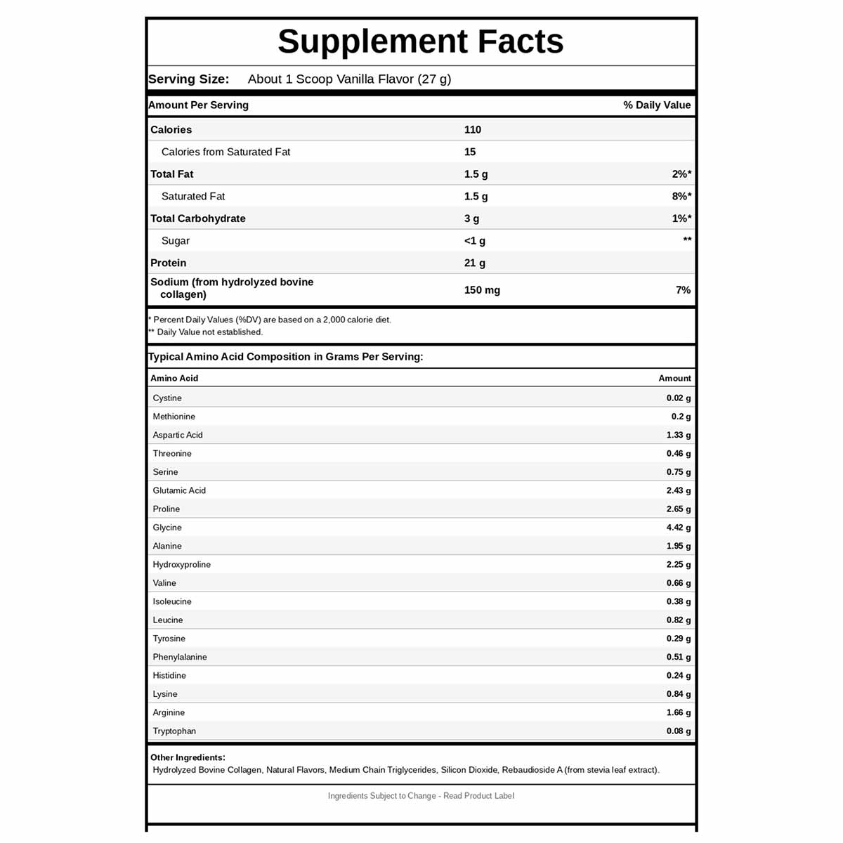 Supplement Facts label for Paleo Protein vanilla flavor showing 21g protein per serving and amino acid composition.