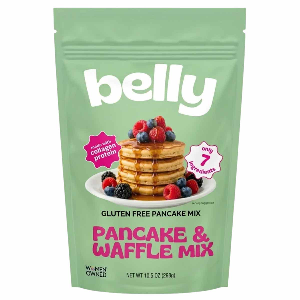 A green stand-up pouch of Belly gluten free pancake and waffle mix shows a stack of pancakes topped with berries.
