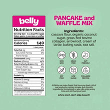 A Belly pancake and waffle mix label shows a nutrition facts panel, ingredients list, and icons for non-GMO, grain-free, and gut-friendly.