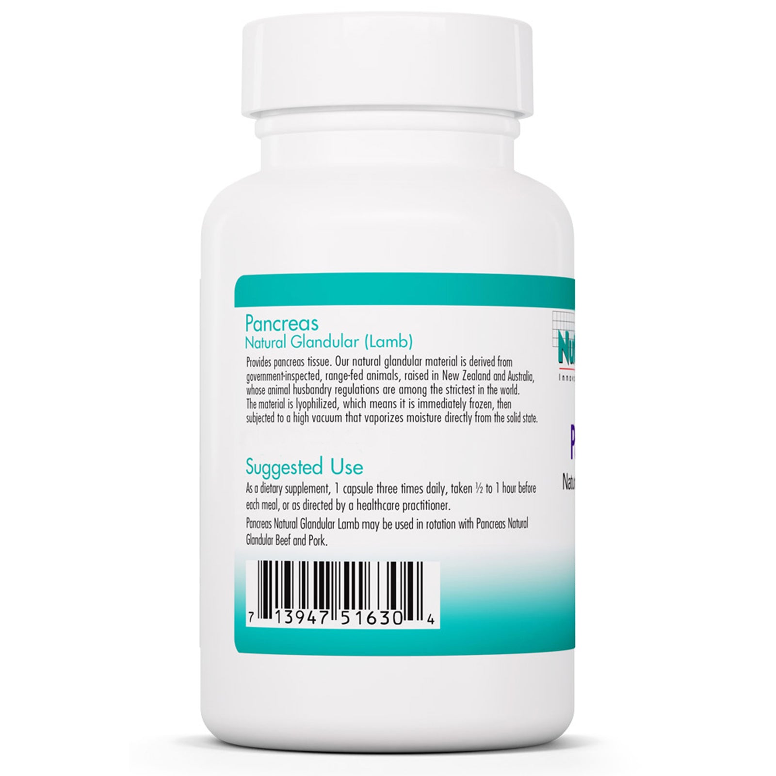 White supplement bottle with teal label containing pancreas natural glandular capsules, showing product information and barco