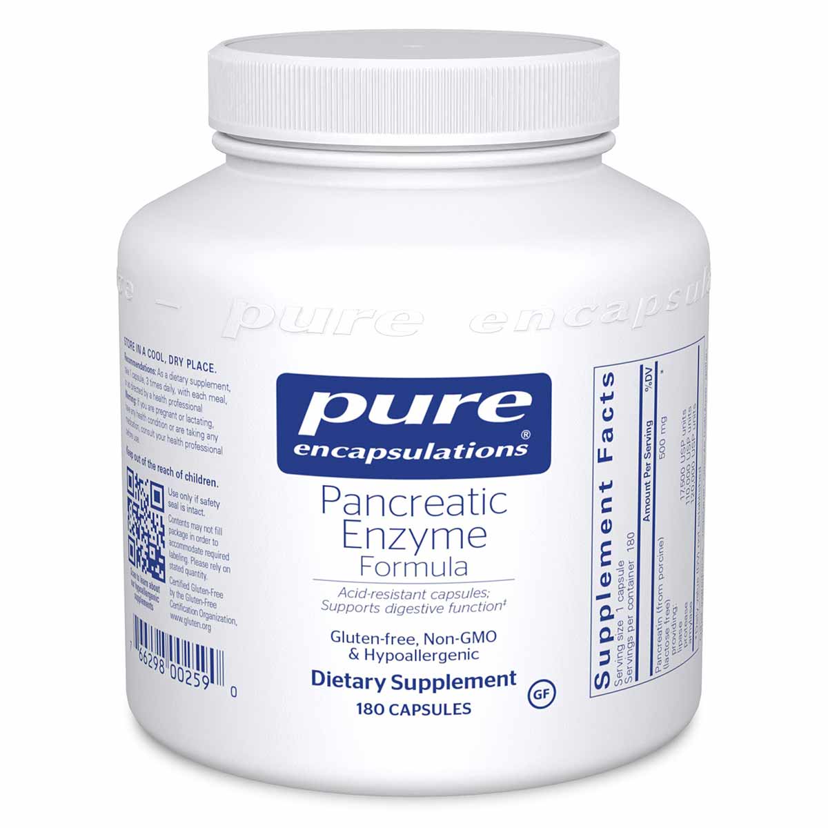 White plastic bottle with white screw cap containing 180 capsules of Pure Encapsulations Pancreatic Enzyme Formula dietary su