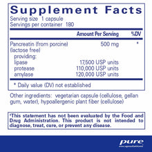 Supplement Facts label for pancreatic enzyme formula showing serving size, ingredients, and enzyme units per capsule.
