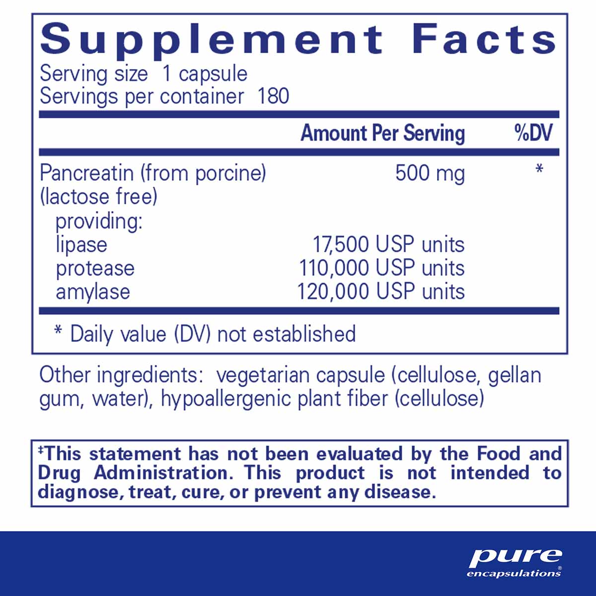 Supplement Facts label for pancreatic enzyme formula showing serving size, ingredients, and enzyme units per capsule.