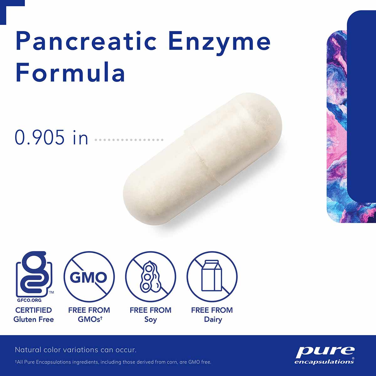 White capsule of Pancreatic Enzyme Formula measuring 0.905 inches, with certification badges for gluten-free, GMO-free, soy-f