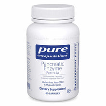 White plastic bottle with white screw cap labeled "Pure Encapsulations Pancreatic Enzyme Formula" containing 60 capsules.
