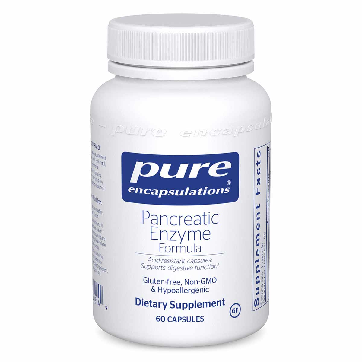 White plastic bottle with white screw cap labeled "Pure Encapsulations Pancreatic Enzyme Formula" containing 60 capsules.