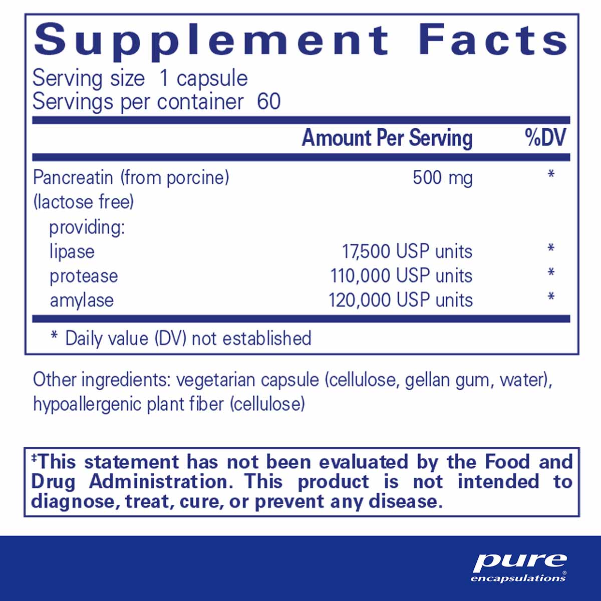 Supplement Facts label for pancreatic enzyme formula showing serving size, ingredient amounts, and FDA disclaimer.