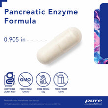 White capsule labeled Pancreatic Enzyme Formula, 0.905 inches, with gluten-free, GMO-free, soy-free, and dairy-free certifica