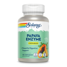 Solaray Papaya Enzyme chewable tablets in white bottle with green label and papaya fruit imagery.