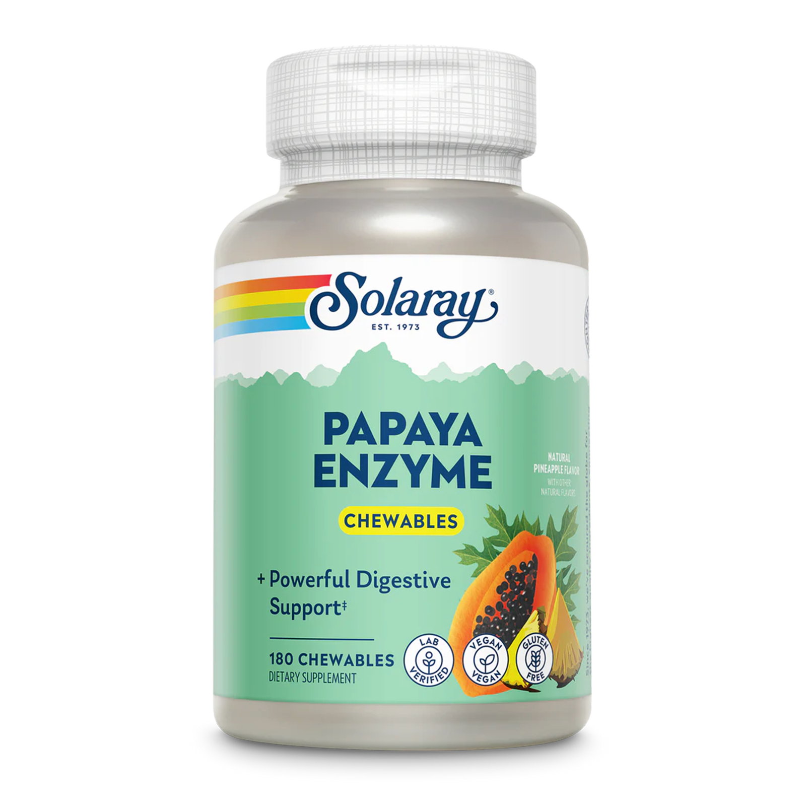 Solaray Papaya Enzyme chewable tablets in white bottle with green label and papaya fruit imagery.