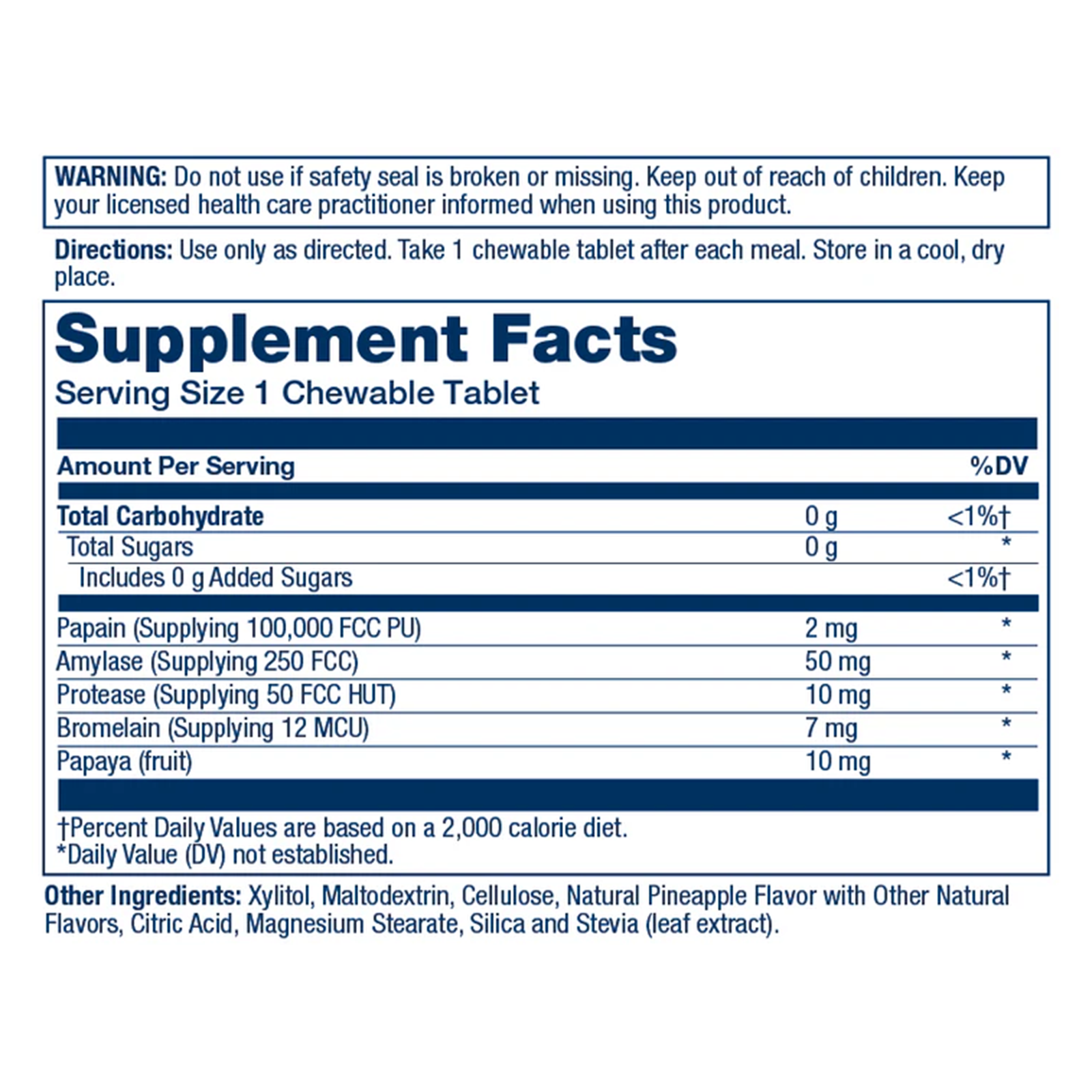 Solaray Papaya Enzyme supplement facts label showing chewable tablet nutritional information and ingredients.