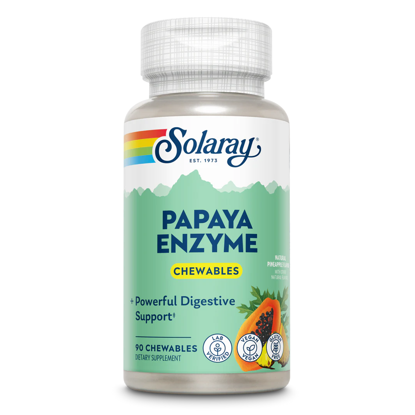 Solaray Papaya Enzyme chewable tablets bottle with green label and papaya fruit imagery, 90 count.