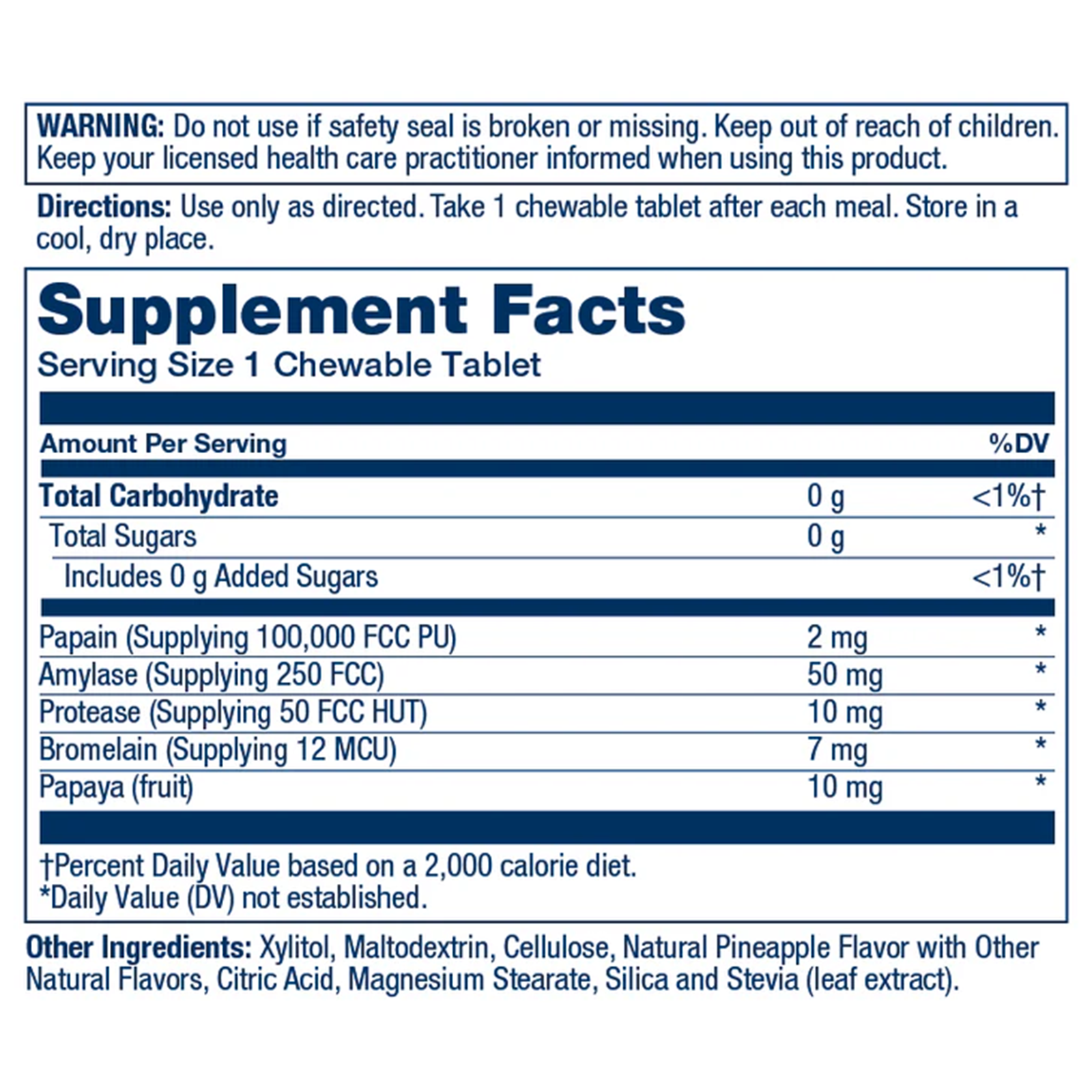 Supplement Facts label for Solaray Papaya Enzyme chewable tablets showing serving size, carbohydrates, enzymes, and ingredien