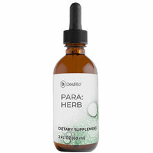 DesBio PARA:HERB dietary supplement bottle, 2 fl oz, amber glass with black dropper cap and white label.