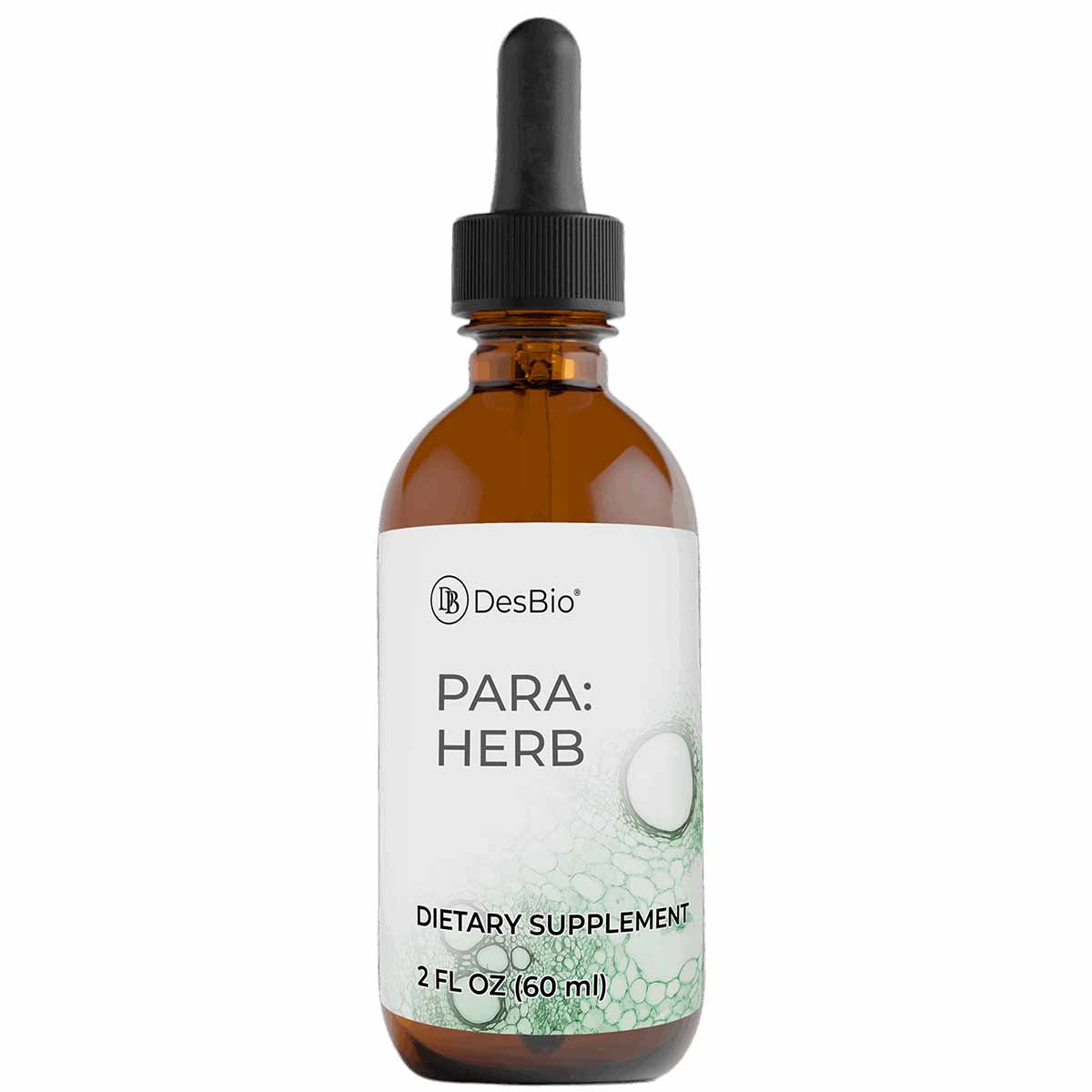 DesBio PARA:HERB dietary supplement bottle, 2 fl oz, amber glass with black dropper cap and white label.