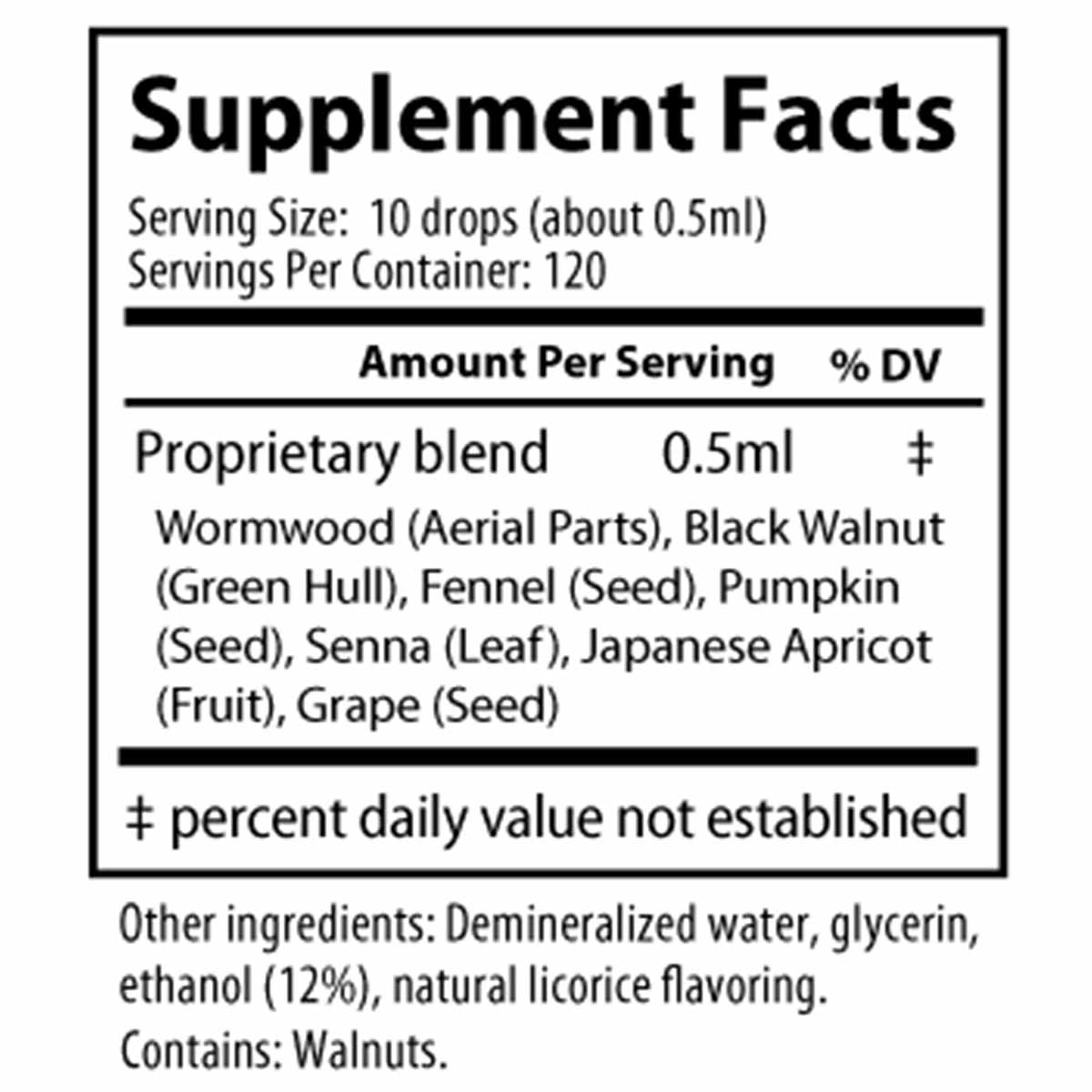 Supplement Facts label for PARA:HERB 2 oz liquid showing serving size of 10 drops, proprietary herbal blend ingredients, and 
