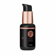 Black glass bottle with rose gold pump top labeled "Peace Serum" by Quicksilver Scientific, 1 fl oz.