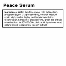 Peace Serum label displaying product name and complete ingredient list in black text on white background.