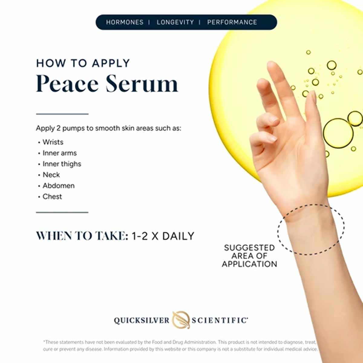 Hand applying serum with application instructions for wrists, inner arms, inner thighs, neck, abdomen, and chest areas.