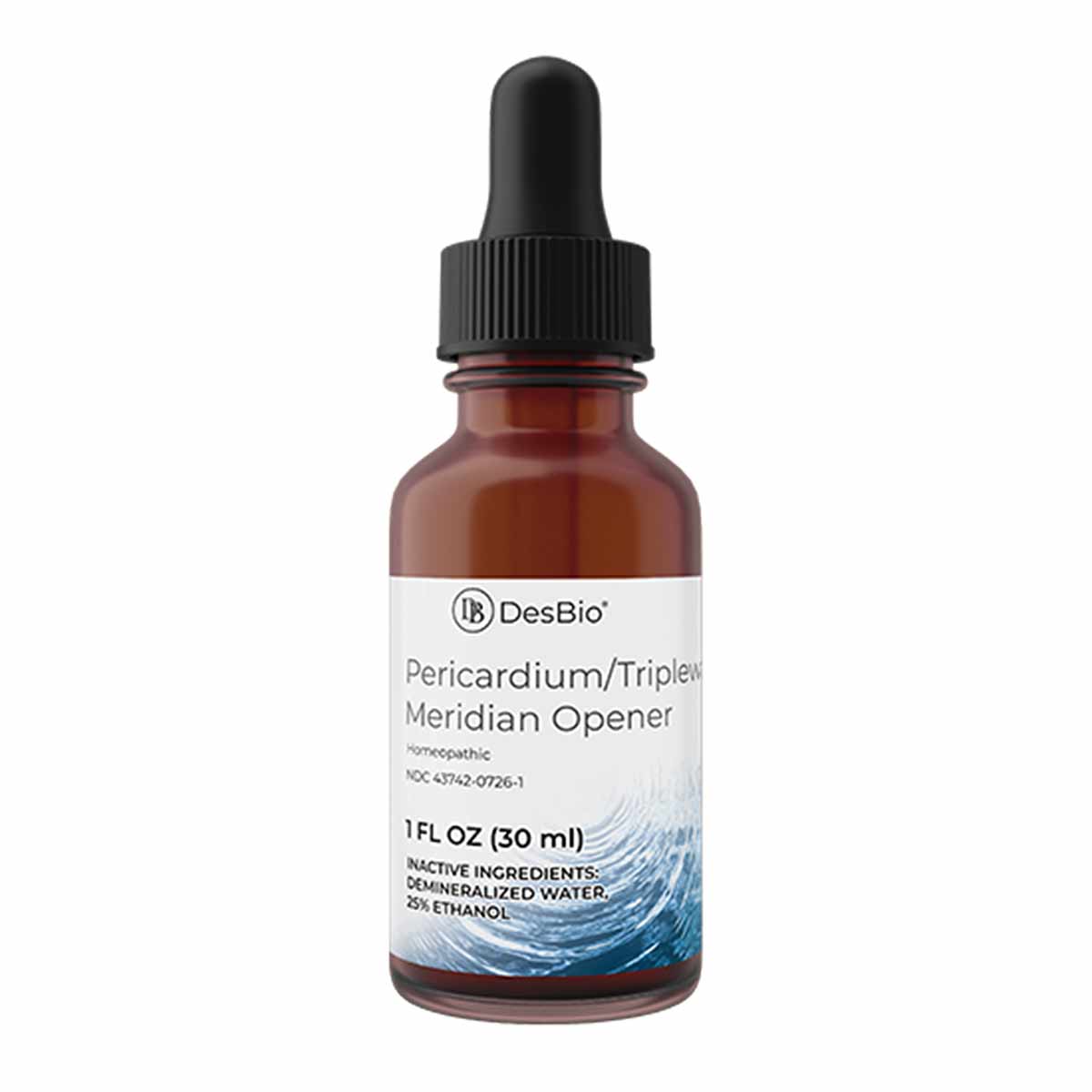 Brown glass dropper bottle labeled DesBio Pericardium/Triplewarmer Meridian Opener, 1 FL OZ, with black cap.