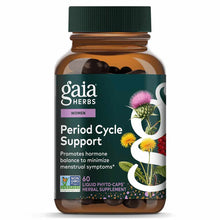 Gaia Herbs Period Cycle Support supplement bottle with green cap containing dark capsules and labeled with thistle and yellow