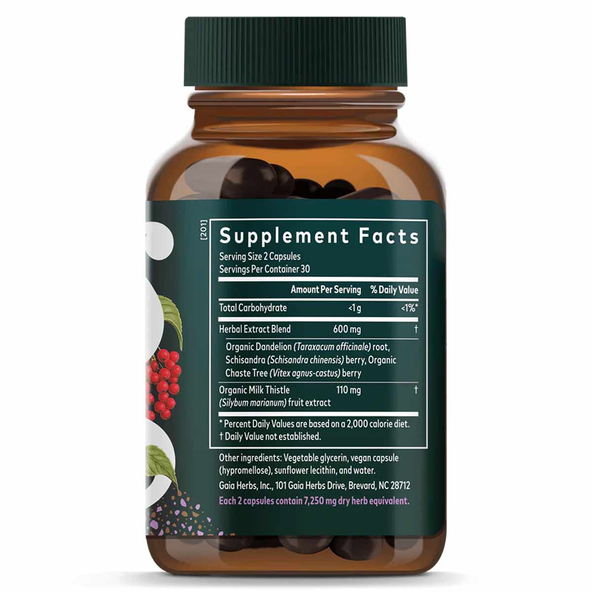 Brown glass bottle with green cap containing dark capsules and label showing Gaia Herbs Period Cycle Support supplement facts