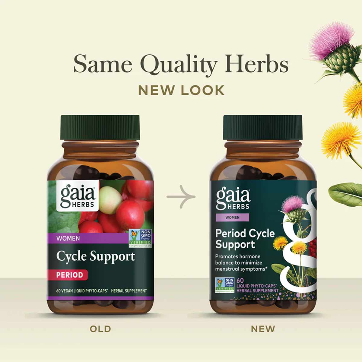 Two brown glass bottles of Gaia Herbs Period Cycle Support with green caps, showing old and new label designs side by side wi