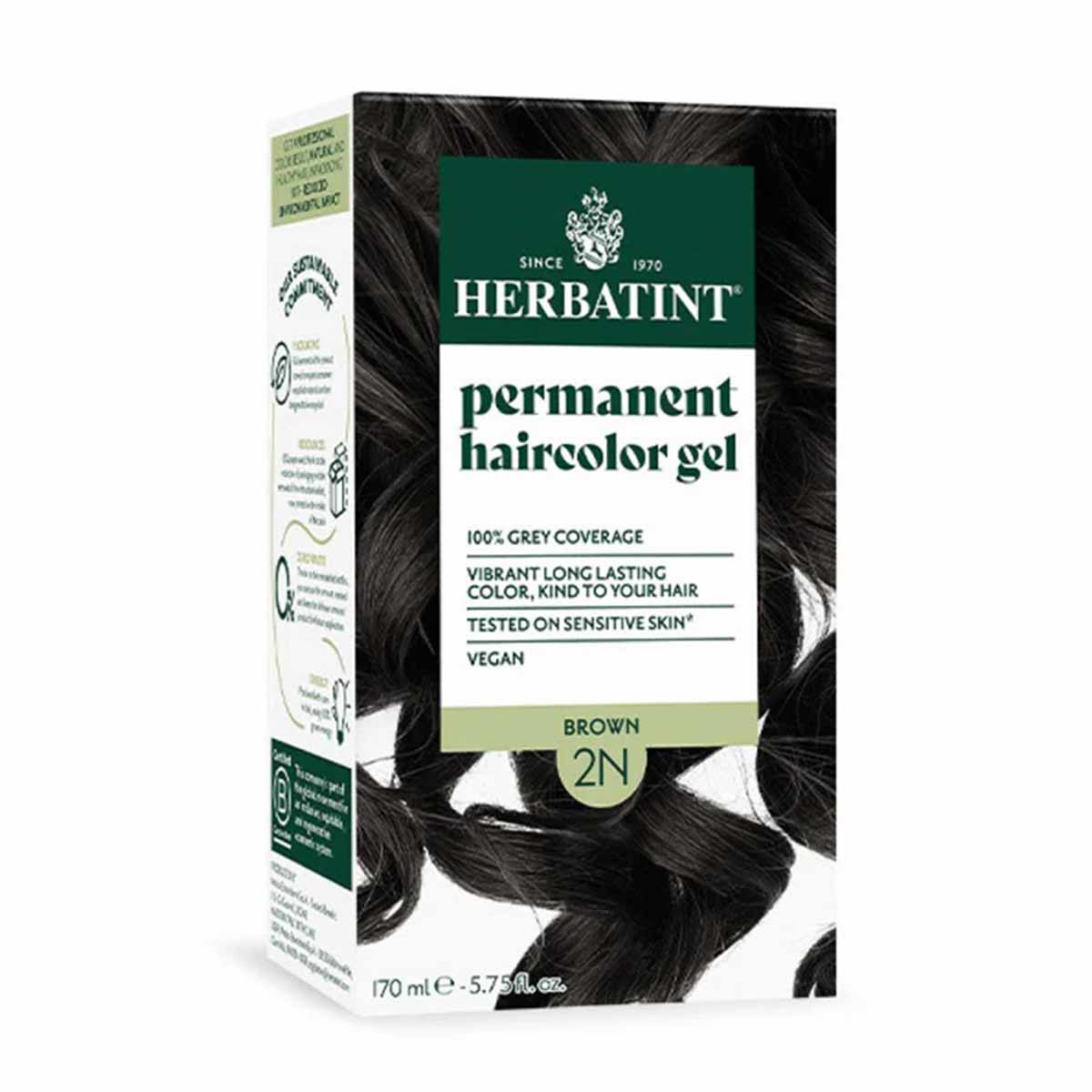 Herbatint permanent hair color gel box in Brown 2N shade with 170ml product, featuring dark hair swatches and green branding.