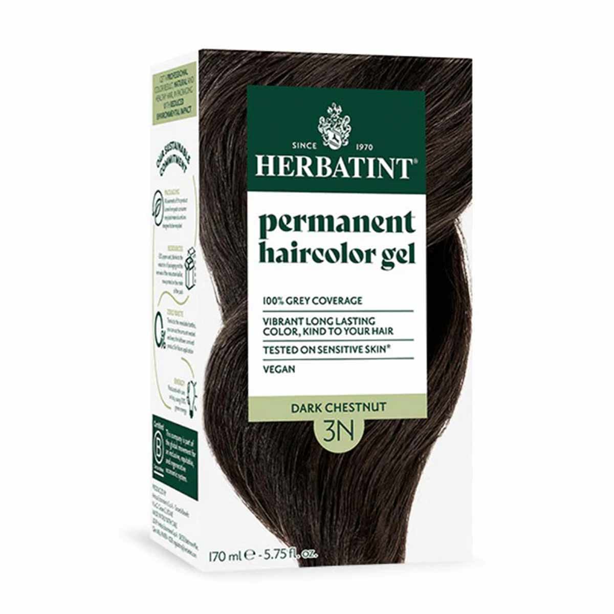 Herbatint permanent haircolor gel box in Dark Chestnut 3N shade with 170ml bottle and product information labels.