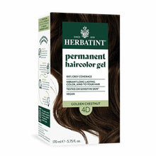 Herbatint permanent haircolor gel box in Golden Chestnut 4D shade, 170ml, displaying product claims and dark brown hair swatc