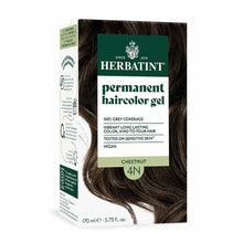 Herbatint Permanent Hair Color Gel box in Chestnut 4N shade, 170 ml, featuring dark brown hair swatch.