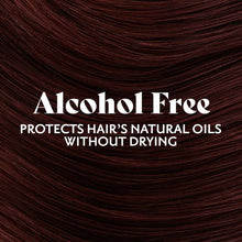 Deep burgundy hair with text stating "Alcohol Free" and product benefits displayed on dark background.