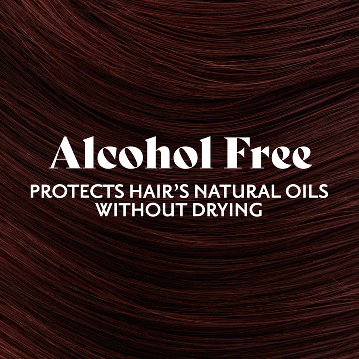 Deep burgundy hair with text stating "Alcohol Free" and product benefits displayed on dark background.