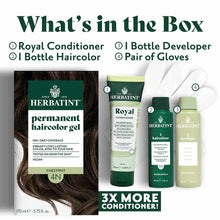 Herbatint permanent hair color gel kit containing conditioner, haircolor bottle, developer bottle, and gloves in chestnut sha
