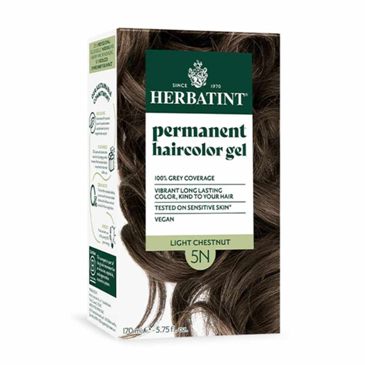 Herbatint permanent haircolor gel box in Light Chestnut 5N shade, 170ml, with product details and sample hair color swatch.