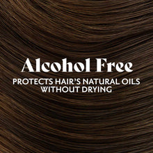 Dark brown hair with text overlay reading "Alcohol Free" and "Protects Hair's Natural Oils Without Drying."