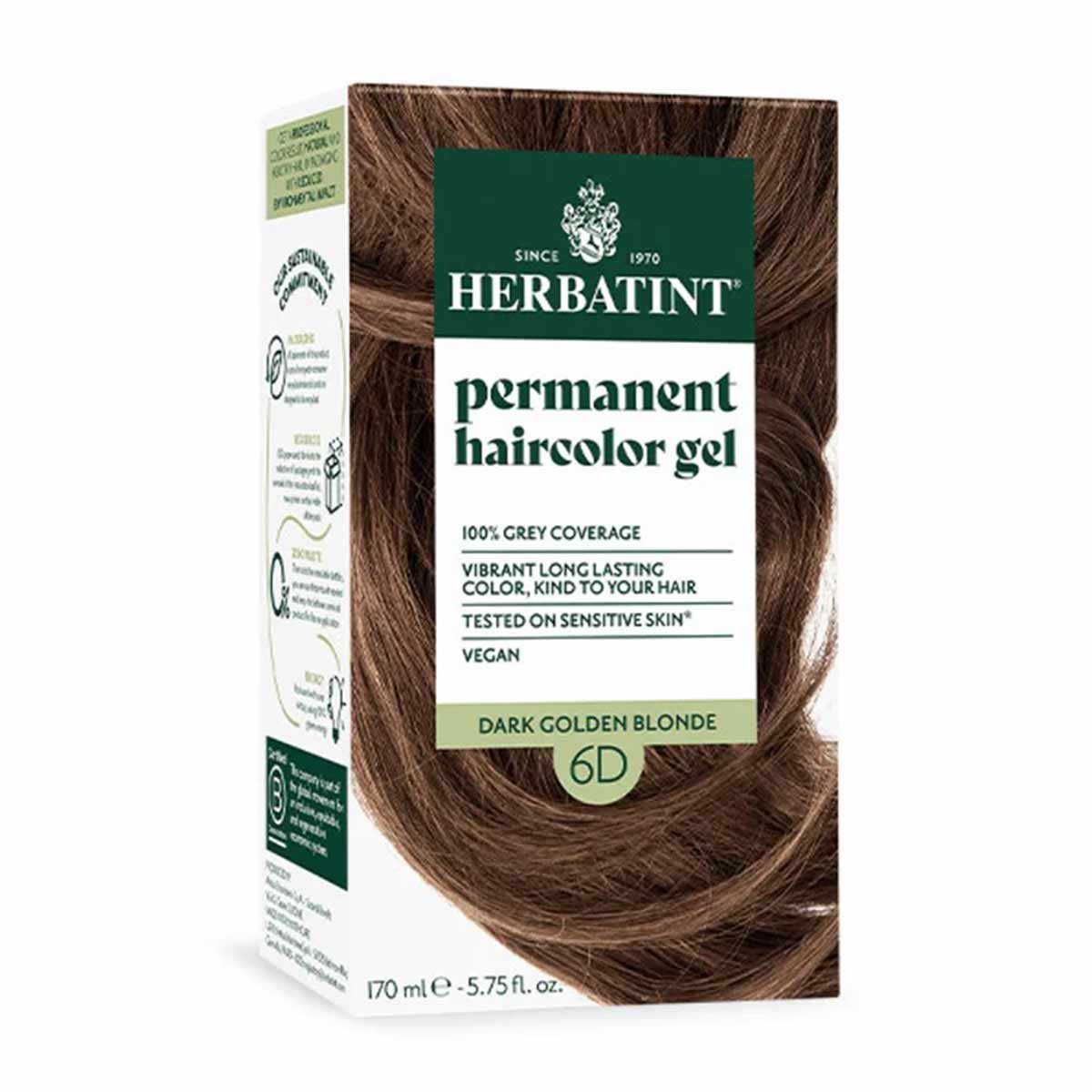 Herbatint permanent haircolor gel box in Dark Golden Blonde shade with 170ml bottle, displaying brown hair swatch.