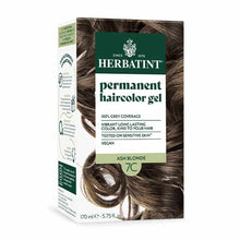 Herbatint permanent haircolor gel box in Ash Blonde 7C shade, 170 ml, featuring brown hair swatch.