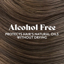 Close-up of dark brown hair with text overlay stating "Alcohol Free" and "Protects Hair's Natural Oils Without Drying."