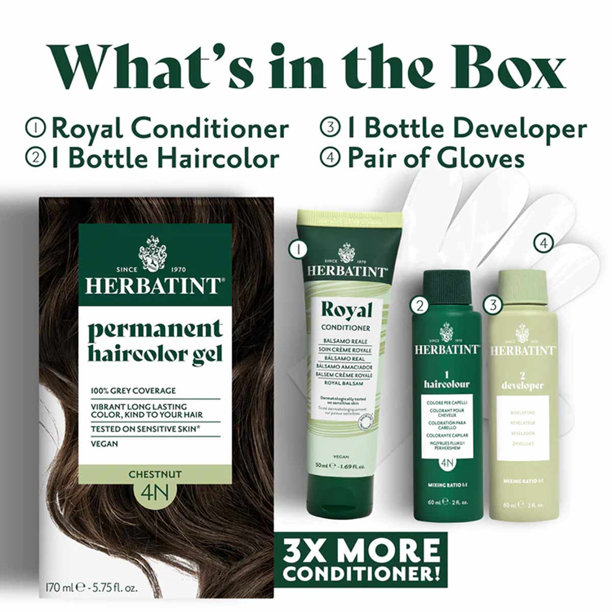 Herbatint permanent hair color gel kit with conditioner, developer, and gloves in chestnut shade.