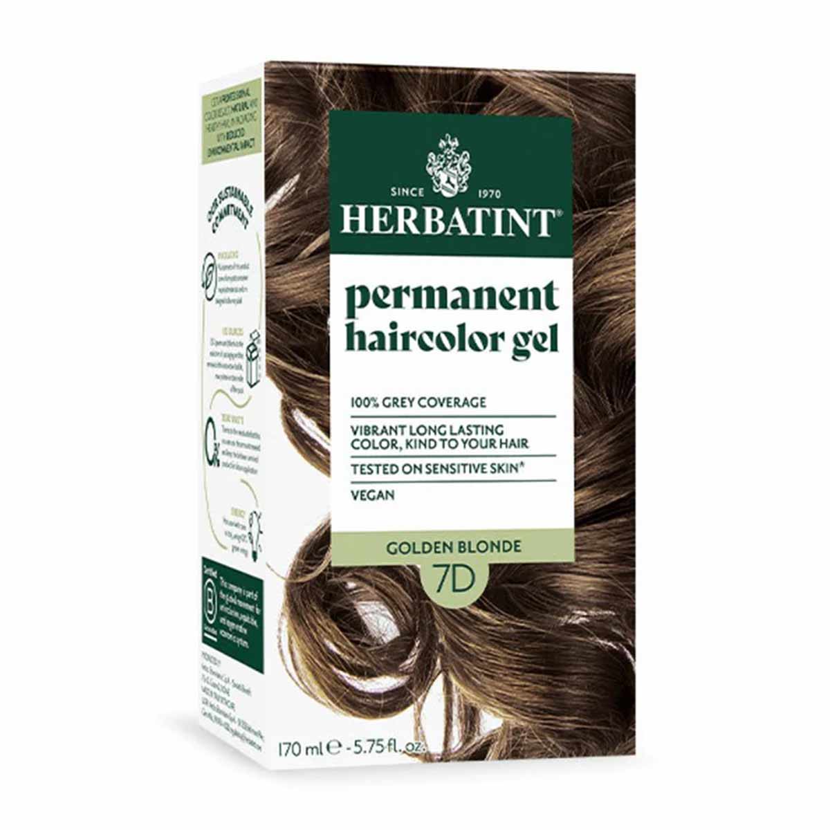 Herbatint permanent haircolor gel box in Golden Blonde 7D shade with brown hair swatch display.