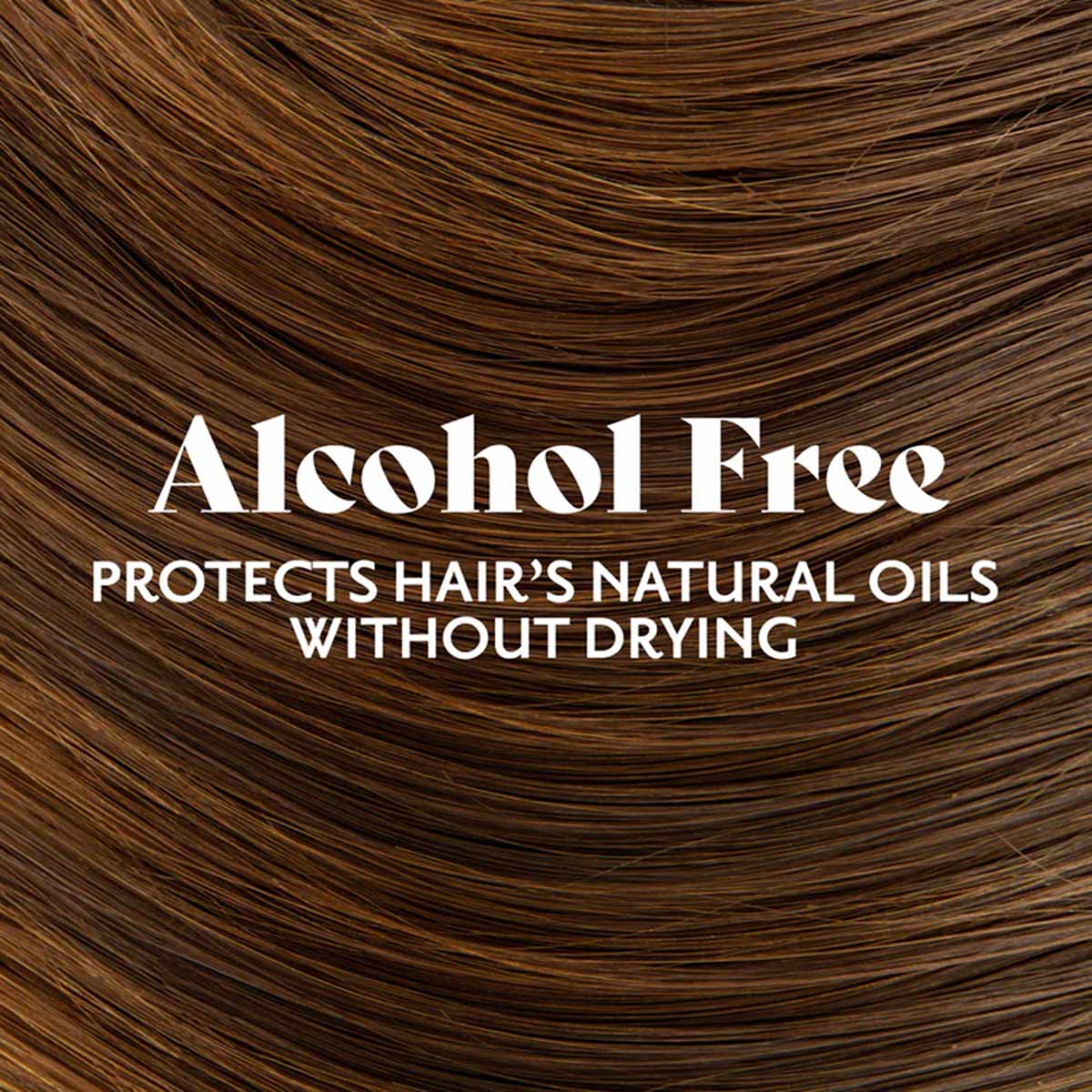 Close-up of shiny brown hair with wavy texture and text overlay stating "Alcohol Free" and product benefits.
