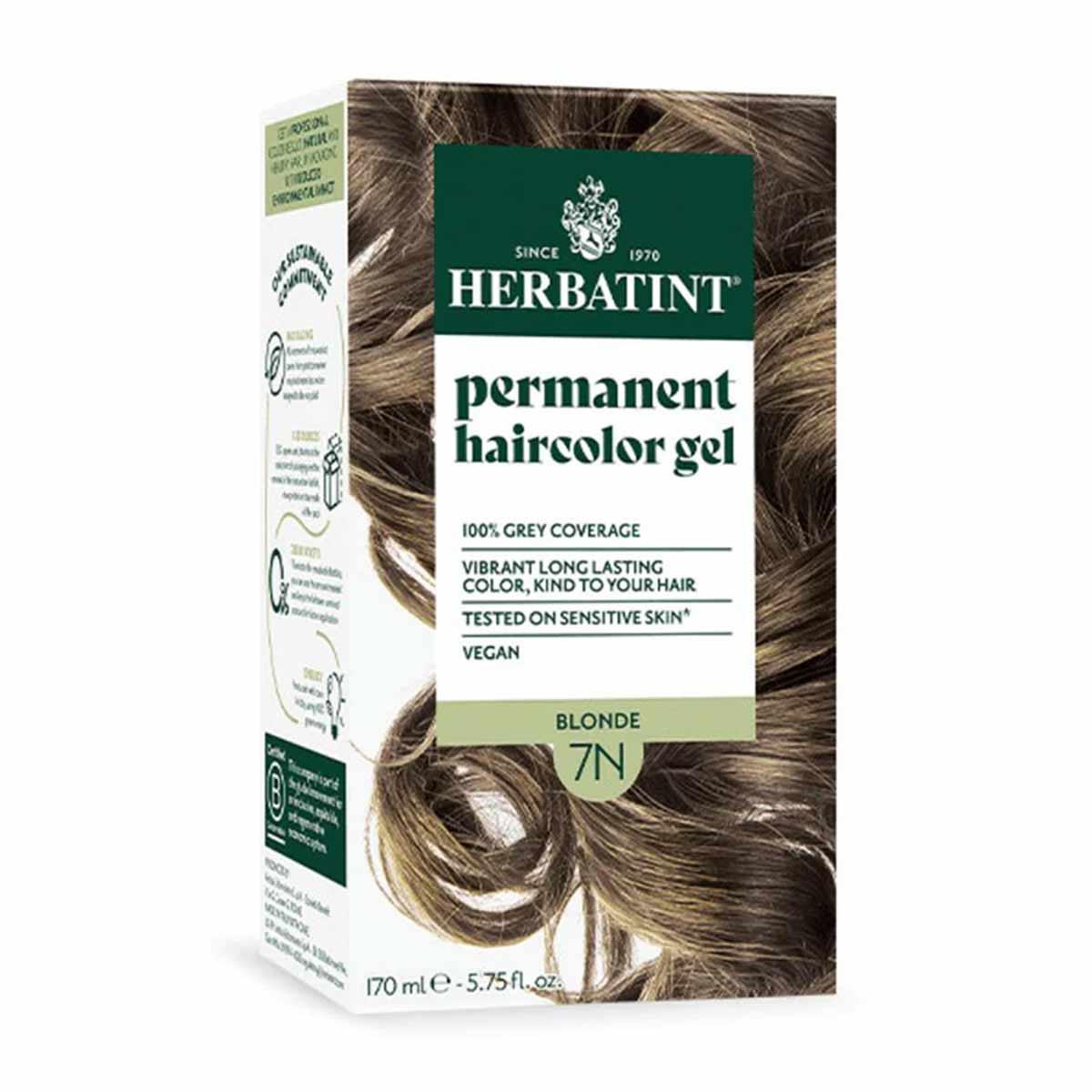 Herbatint permanent haircolor gel box in Blonde 7N shade, 170ml, featuring brunette hair swatches on packaging.
