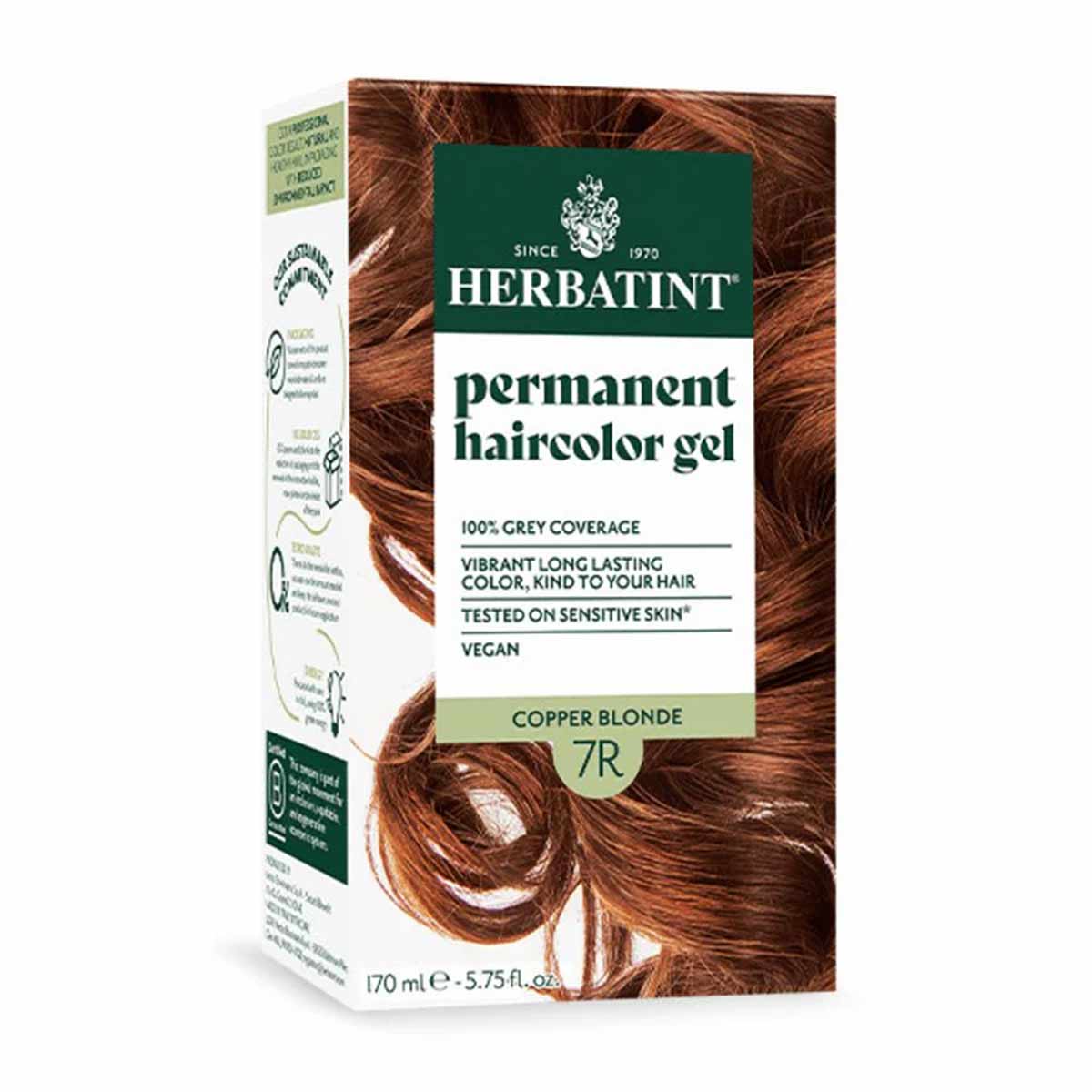 Herbatint permanent haircolor gel box in Copper Blonde 7R shade with product information and hair swatch displayed.