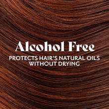 Close-up of reddish-brown hair strands with "Alcohol Free" and product benefit text overlaid.